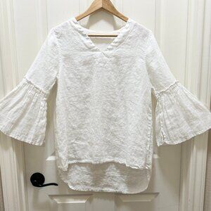 Crown Linen Designs 100% Linen Tunic Top Size S White Lagenlook Bell Sleeves